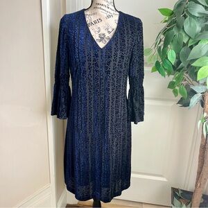 Taylor Velvet Printed Bell Sleeve V-Neck Shift Dress Navy Sz 10